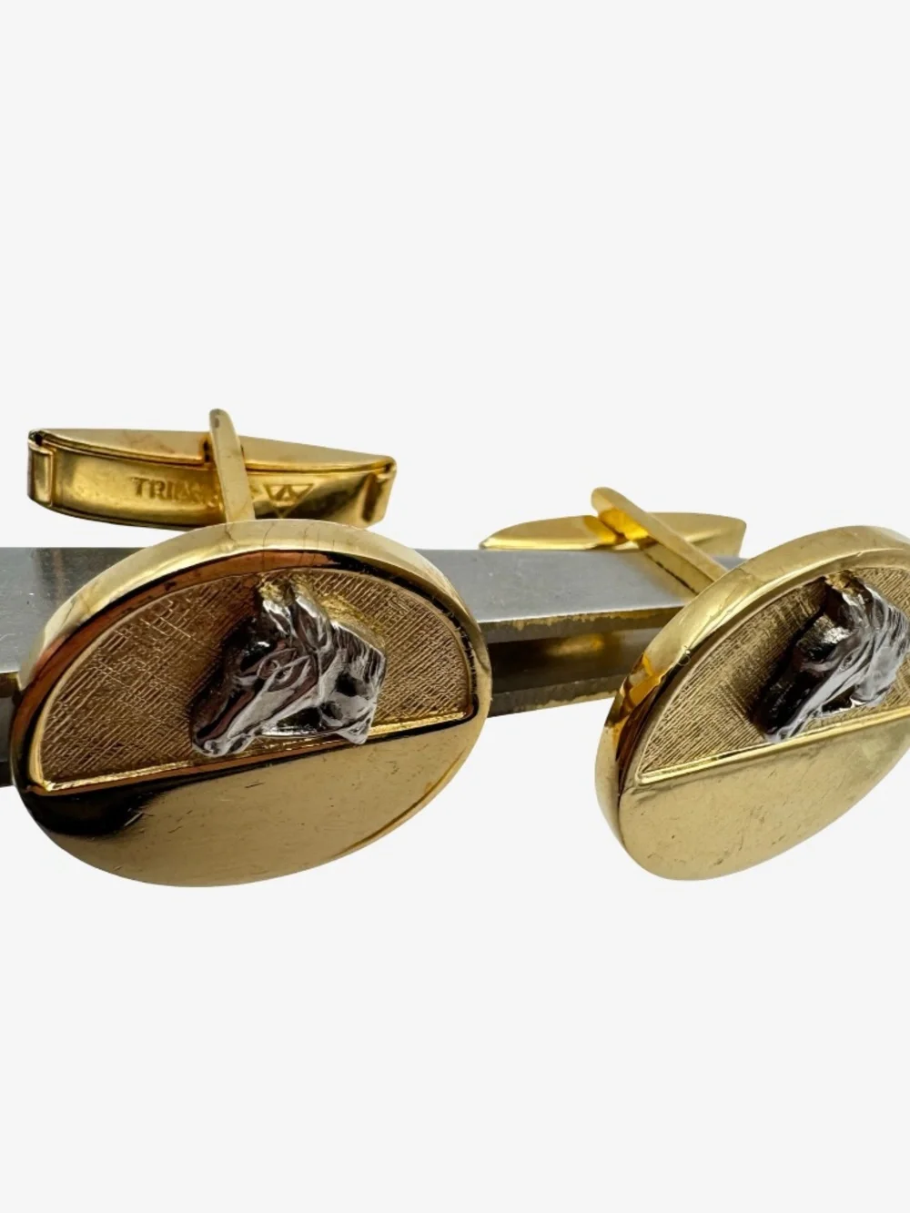 Vintage Horse Head Cufflinks Tie Clip Set Gold Silver Tone Equestrian Triangle